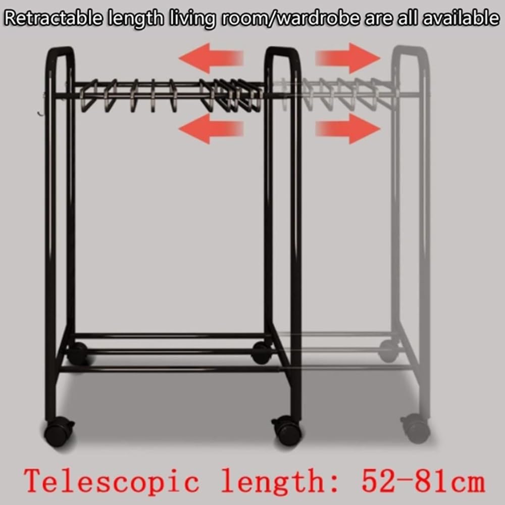 Perchero extraíble para Pantalones, Perchero rodante expandible con 24 Perchas, Carrito Ajustable para Pantalones Vaqueros, Bufandas y Toallas - Negro, 52-81 cm, 30 Ganchos para un fácil ALM