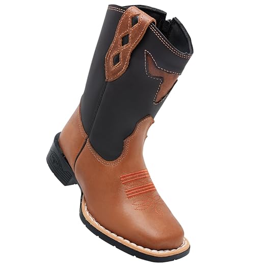 Bota Texana Infantil Masculina com Zíper Lateral, Couro Legítimo, Bordado Cara de Boi, Bico Quadrado, Sola Borracha, Marrom e Preto, Estilo Country