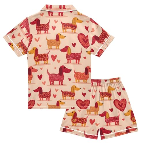 ALAZA Dachshund Love Heart Valentins Satin Pajamas Set Short Sleeve Button Down Sleepwear Summer Pjs 2 Piece2