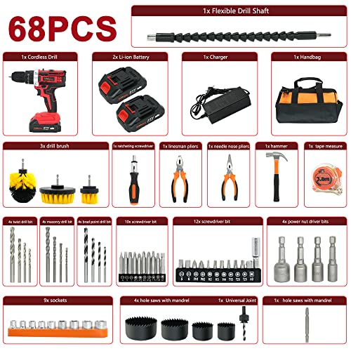 Behappy Cordless Drill Set, 21V Power Drill Set, Electric Drill Kit With 2 Batteries And Charger, 25+3 Torque Setting, 2 Speed, 315 In-Lb, Led, And 63Pcs Drill Bit, Impact Drill Set For Home, Diy #TOP3