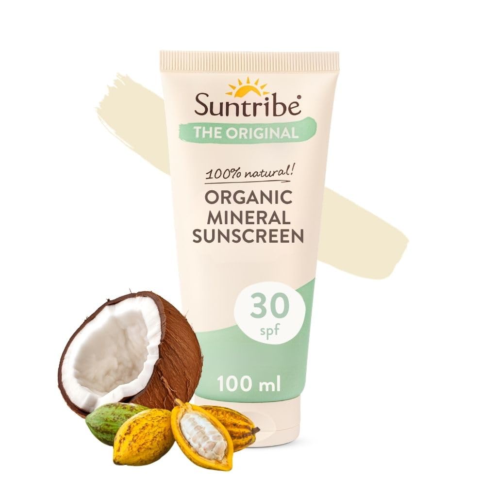 Suntribe Mineralny ekologiczny krem przeciwsłoneczny SPF 30 – ciało i twarz – wolny od nanopowłoku tlenek cynku (mineralny filtr UV) – Reef safe/ryfowany – 8 składników – wodoodporny (100 ml)