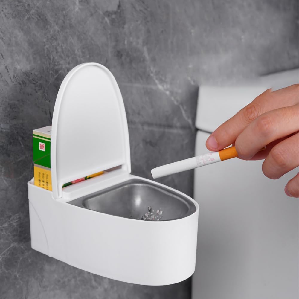 Toilet Shaped Ash Tray - Wall Mount, Stainless Steel & Plastic, 1 Pcs, White-image-43
