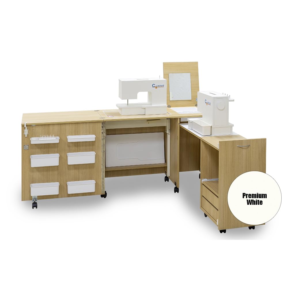 Comfort 3 | Nähmaschinenschrank | Nähmöbel | Nähtisch | (Premium White, L (Air-Lift 10 to 15 kg))