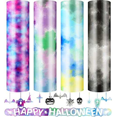 4 Pieces Tie Dye HTV Sheet Heat Transfer Vinyl HTV Tie Dye Iron on Vinyl Watercolor Rainbow Color Printed HTV Gradient Color 4 Assorted Color Vinyl Sheet for T-Shirt, Fabric Garment (Fresh Colors)