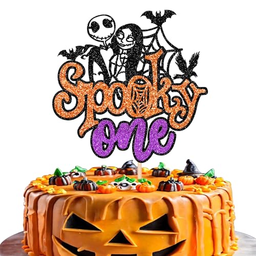 Xsstarmi 1 Pack Spooky One Cake Topper Glitter Spider Web Bat Jack and Sally Halloween Cake Pick for Happy Halloween Theme Baby Shower 1st Birthday Party Cake Decorations Supplies Gold