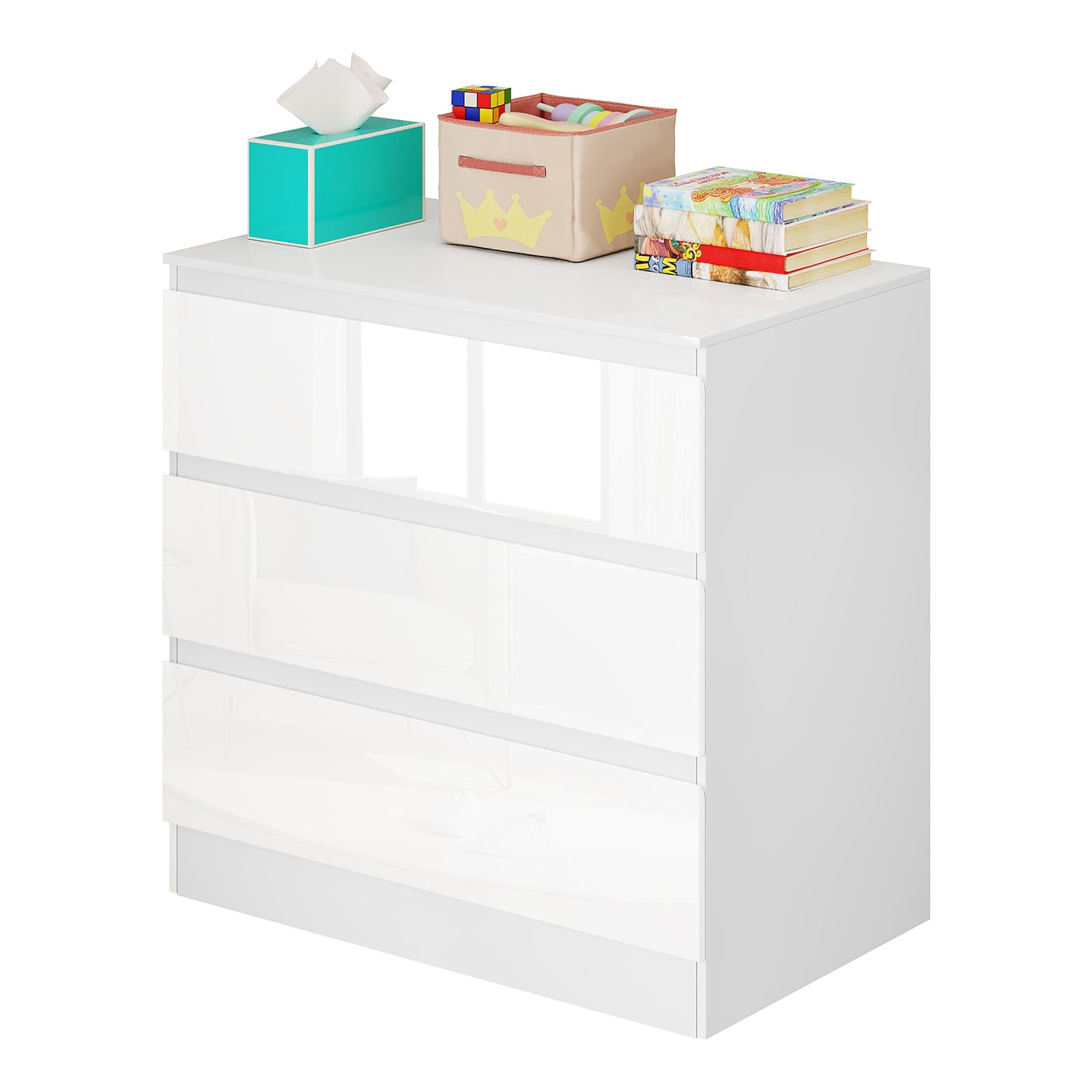 WOLTU Kommode mit 3 Schubladen, platzsparender Kommodenschrank | Sideboard in Hochglanz Weiß, für Wohnzimmer Schlafzimmer Büro, 80 x 78 x 48 cm