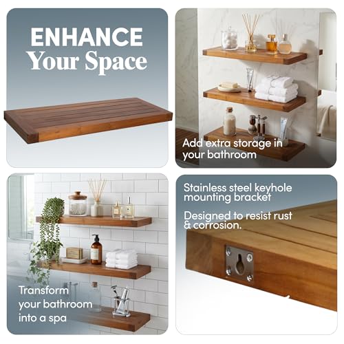 Image of AquaTeak Moa 24 inch Teak Floating Shelf, Wall Mounted, Holds Up to 10 lbs