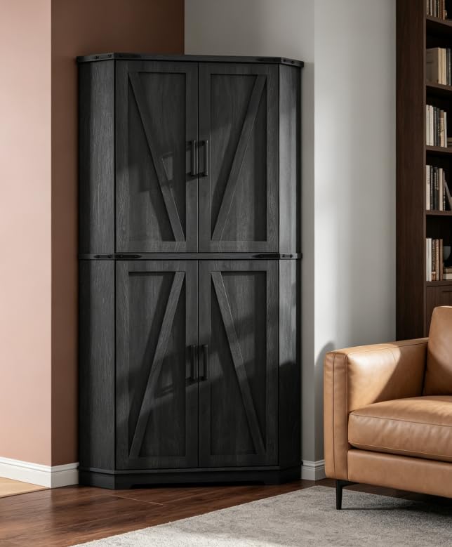 Image of Dripex 71 inch Black Corner Pantry Cabinet, Farmhouse Tall Storage Cabinet with Doors, Adjustable Shelves & LED Light, Kitchen Food Cabinet for Living /Dining Room