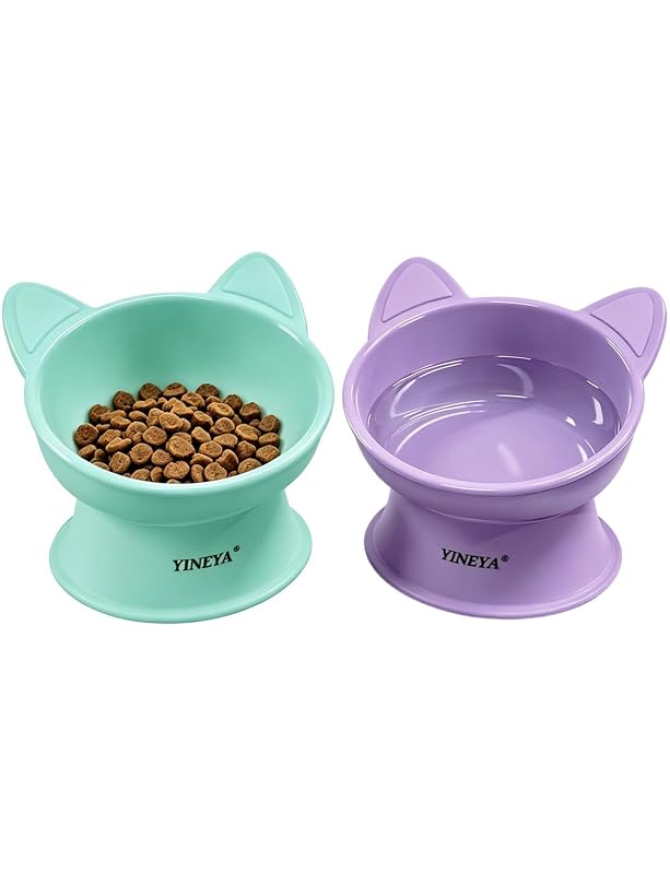 Tigelas Elevadas para Gatos com Inclinação de 15° e Design Amigo dos Bigodes YINEYA, Purple&Cyan, Pacote com 2