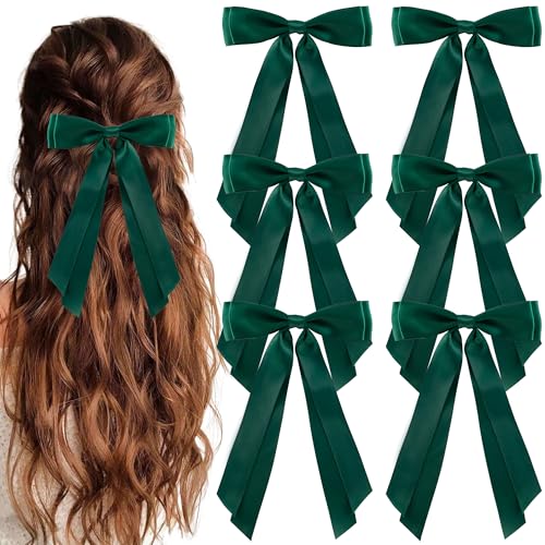 hisial 6Pcs Hair Bows Clips for Hair Silky Satin Ribbon Alligator Barrettes French Hair Ponytail Holders Cute Accessories for Women Girls(Dark Green)