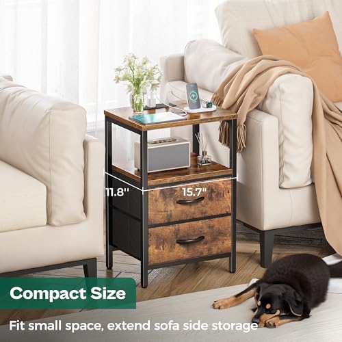 Image of Huuger Nightstands Set of 2, End Tables with Charging Station, Side Table | Side Tables with Fabric Drawers, Bedside Tables with USB Ports and Outlets, Night Stands for Bedroom, Rustic Brown