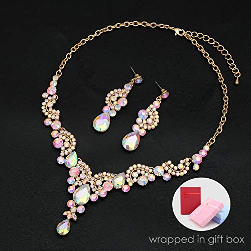 CSY Elegant Iridescent Crystal Necklace Earrings Bracelet Ring Bridal Wedding Costume Jewelry Sets for Brides Women Gifts (Iridescent AB Crystal - Gold tone) - Image 4