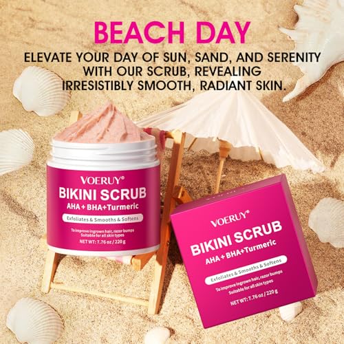 Bikini Area Exfoliator with 10% AHA+BHA & Turmeric, Ingrown Hair & Razor Bumps for Bikini Underarm Area, Skin Moisturizing, Smoothing, Even Skin Tone Exfoliating Body Scrub with Walnut Shell Powder