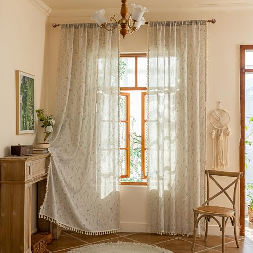 Image of MYSKY HOME Boho Floral Linen Curtains 63 Inch Length 2 Panels Farmhouse Bohemian Spring Patterned Semi Sheer Drapes with Tassels Back Tab for Living Room Bedroom, Each Panel 50 inch W, Blue and Orange