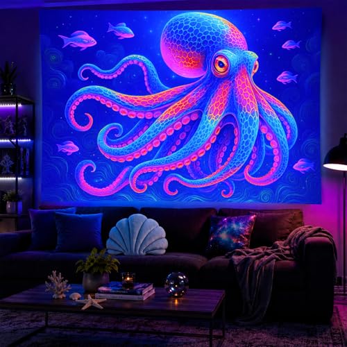 Image of BlissYard Neon Octopus Black Light Tapestry UV Reactive Psychedelic Ocean Deep Sea Wall Hanging for Living Room Bedroom Dorm Room Bar Party Decor 78x59 Inch