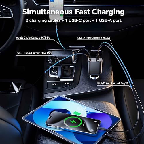 Image of 120W Retractable 4-in-1 Fast Car Charger (2026 New Version) | Built-in Type-C & Lightning Cables | Dual USB Car Mobile Charger | Compatible with iPhone 17 to 11, Samsung, Android & USB Devices