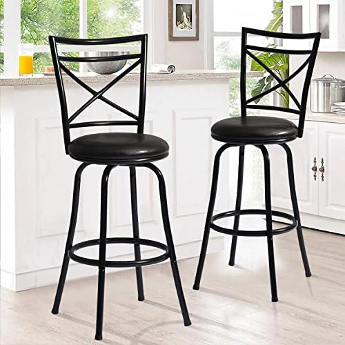 Furniturer Vintage 26 Inch Bar Stools Set Of 2 Height Adjustable, Industrial Swivel Barstools With Round Seat And Metal Back For Kitchen Island, Black #TOP1