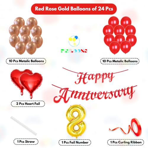 Image of Flyloons 8th Happy Anniversary Decoration Items Red Rose Gold for Men Women Husband Wife Mom Dad Parent Couple Home Bedroom Car With 20 Pcs Metallic Balloons Anniversary Banner 2 Pcs Heart Set Kit