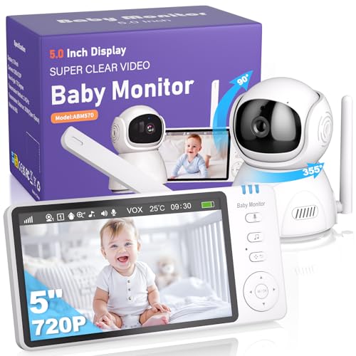 BURNNOVE Babyphone mit Kamera 5' IPS 720P Video Babyfon ohne WLAN 355°/90° Schwenkbar Nachtsich Temperaturüberwachung Zwei-Wege-Audio VOX 8 Schlaflieder 5 Wecker