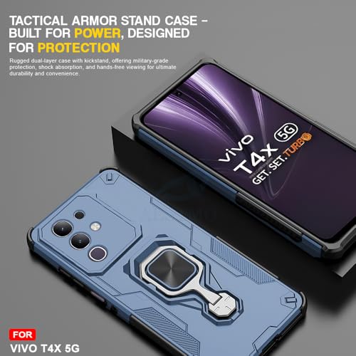 Image of AESTMO Armor Back Cover for Vivo T4X / Z10X / Y31 Pro 5G | Ring Holder & Kickstand & Camera Protection in-Built | 360 Degree Protection Back Case Cover (Blue)