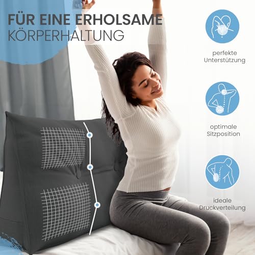 ELONEO Rückenkissen 70 cm breit, Keilkissen für Bett und Sofa geeignet, dreieckiges Lesekissen, Kissen mit abnehmbarem und waschbarem Bezug, mit praktischem Seitenfach