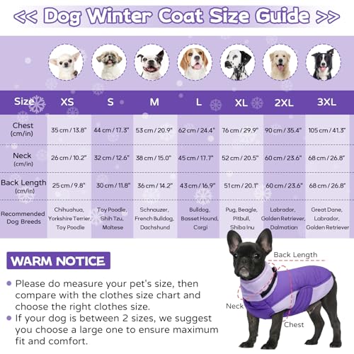 Image of BRKURLEG Dog Coat, Turtleneck Winter Jacket with Harness for Small Medium and Large Dogs, Windproof Reflective Warm Fleece Dogs Snowsuit with Hook & Loop, Dog Coats for Cold Weather, Purple XXL