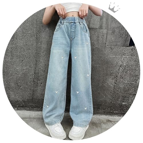 Girls Straight Wide Leg Jeans Elastic Waist Heart Embroider Denim Pants Youth Streetwear Distressed Trousers 5-14T3