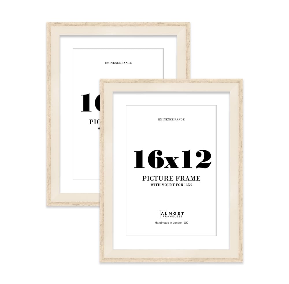 16x12" Oak Picture Frame with 13x9" Mount - Shabby Chic Photo Frame with Distressed Finish, Wall Hooks, 32mm Edge - 2 Pack