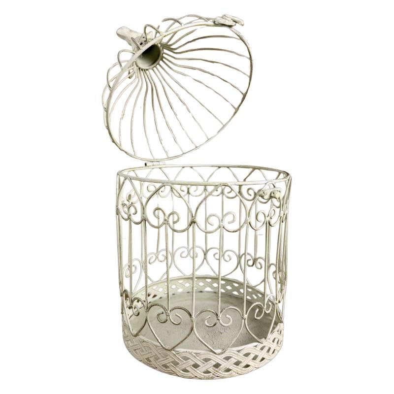 L'Héritier Du Temps Petite Cage à Oiseaux Volière Ronde en Acier Patiné Blanc Abri Décoratif à Suspendre 15,5x15,5x28cm