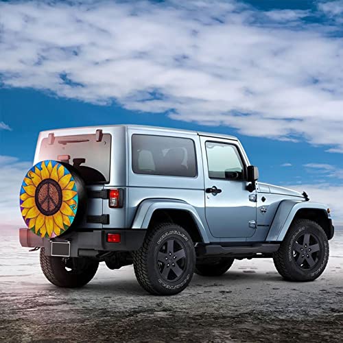 Image of Peace Sign Sunflower Spare Tire Cover,Universal Wheel Tire Cover for Trailer, RV, SUV, Truck,Camper and Many Vehicle,Weatherproof Tire Protectors（14 inch for Diameter 23 inch-27 inch）