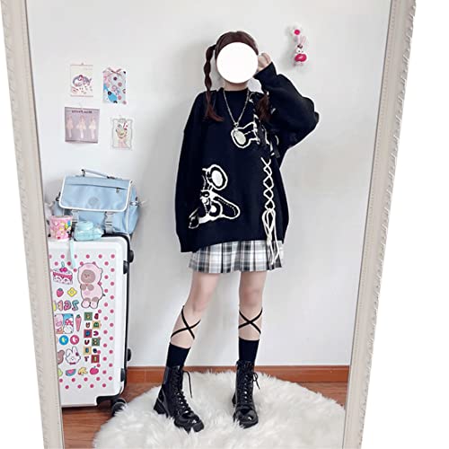 Image of Harajuku Style Kawaii Pastel Goth Fashion Oversized Long Sleeve Crewneck Knit Novelty Bear Print Sweater for Women M Black