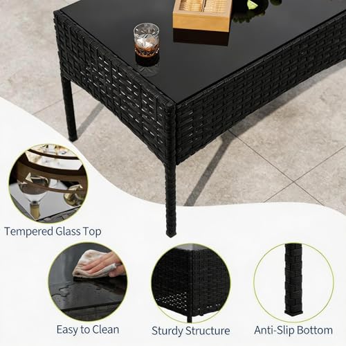 Image of 4-Piece Outdoor Patio Furniture Set - Black Wicker Rattan Bistro Conversation Set with 2 Chairs, Loveseat, Tempered Glass Coffee Table, Thick Creamy-White Cushions - Balcony, Garden, Porch or Poolside