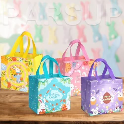 4 x Ostereiersuche Taschen mit Griffen, Häschen Karotten Küken Ei Taschen, Oster Leckerei Taschen, multifunktionale Non-Woven Ostertaschen zum Verpacken von Geschenken, Eiersuche, Partyzubehör