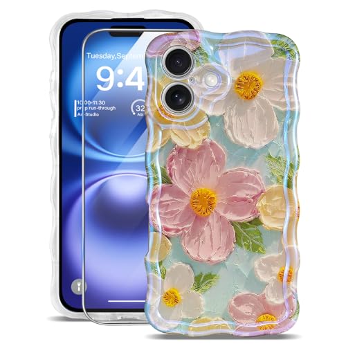 Sheheme RIV For Iphone 16 Plus Case [With 9H Screen Protectors] Wave Bumper Colorful Oil Painting Flowers Print Blue Glossy Soft Tpu Phone Case Cover cover