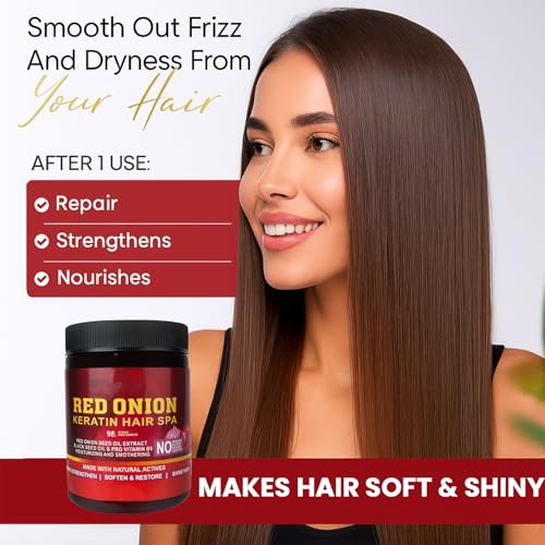 Image of Red Onion Keratin Hair Spa - With Red Onion Seed Oil, Black Seed Oil & Pro Vitamin B5 | Anti Hair Fall, Repair & Strengthen Damaged Hair | Natural Hair Spa Cream for Soft, Smooth & Shiny Hair - 1000ml