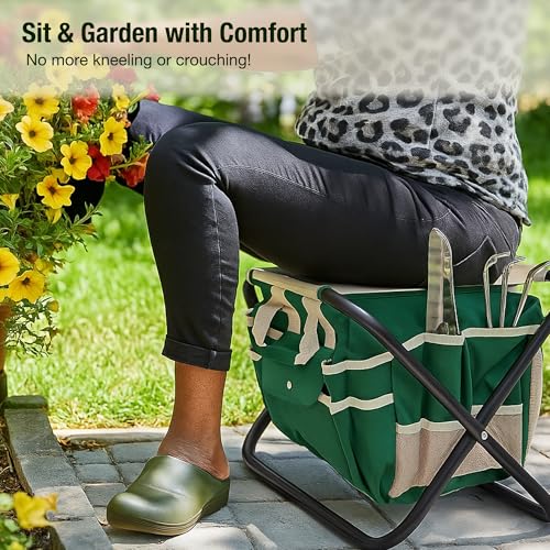 Miniatura 8 de Gardenhome Taburete Plegable Para Jardinería 7 En 1 - Incluye Juego De Herramientas De Jardín De Acero Inoxidable De 5 Piezas Y Estuche De Transporte Gratuito