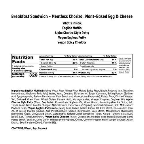 Alpha Foods Spicy Chorizo Vegan Breakfast Sandwich | 5.5oz (Pack of 10) | 100% Plant-Based Protein | Non Dairy | Meatless