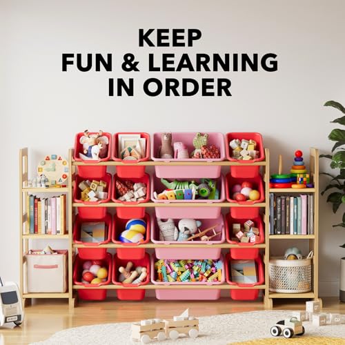 Image of SpaceAid Toy Storage Organizer with 6 Shelves and 16 Bins, Toy Organizers Storage Bookshelf, Kids Bin Shelf Toys Box Bookcase for Bedroom Playroom Organization Room Decor, Red and Pink