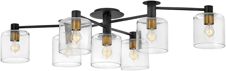 Hinkley Axel Large Seven Light Semi-Flush Mount Ceiling Light – Adjustable, Transitional, Clear Glass Shades – Black Finish with Heritage Brass Accents