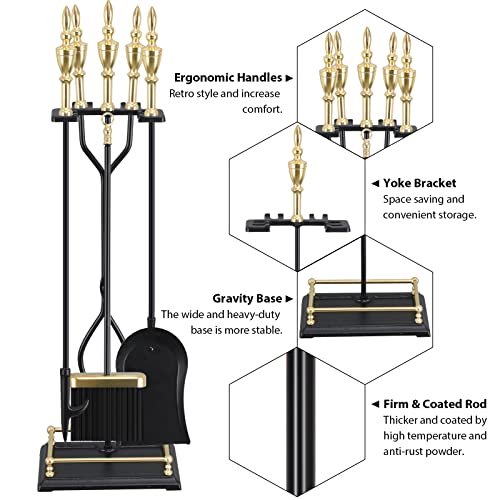 image for Gtongoko 5 Pieces Fireplace Tools Sets Gold Handles Wrought Iron Set a