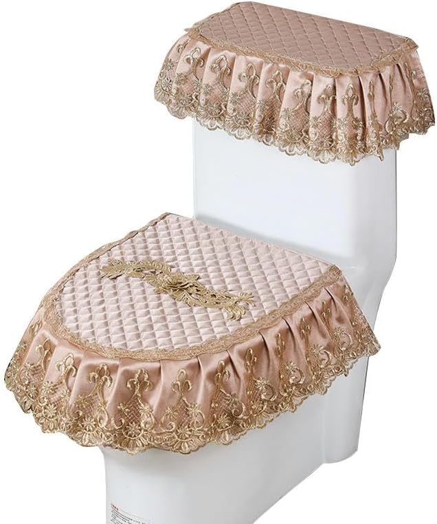 Toilet Lid Cover Set,3pcs/Set Champagne Lace Embroidery Flowers Toilet Lid Cover Set Toilet Lid & Tank Covers Toilet Seat Cushion Pads Toilet Seat Warm Pad(Champagne)(Groen)