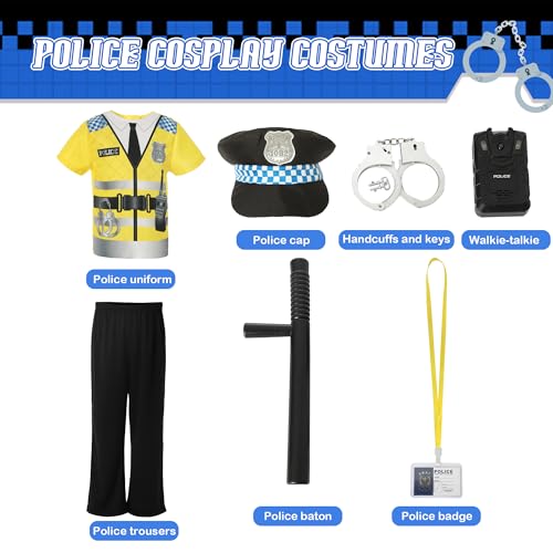 Wizland Kids 8pcs Police Costume for Boys,Yellow Police Uniform Outfit Set for Halloween Fancy Dress Up,2-3 Years - Image 2
