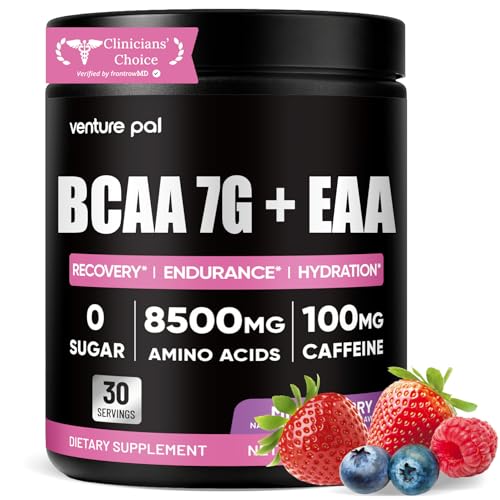 Venture Pal Sugar Free 7g BCAA + EAA Powder | Supports Muscle Recovery Growth Strength & Endurance 9 Essential Amino Acids with L-Glutamine Caffeine Vitamin & Electrolyte for Energy & Hydration