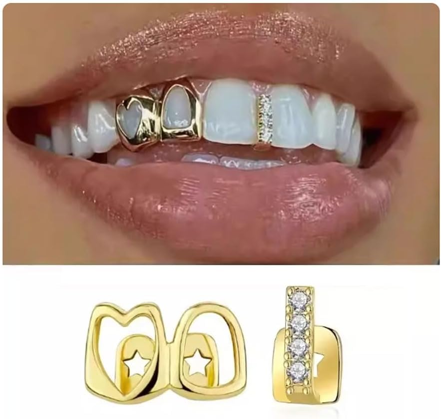 2Pcs Tooth Cap Mouth Grills Hollow Love Grillz Teeth Golden Tooth Jewelry Mouth Grills for Women Men Daily Street Fashion Hip Hop Rapper Outfits Custom Accessory Halloween Party