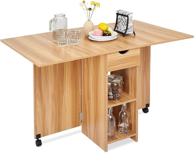 Meerveil Mobile Folding Dining Table, Drop Leaf Table with 1 Drawer and 2 Open Storage Shelves for Small Space Dining Room Kitchen, White (Red oak)