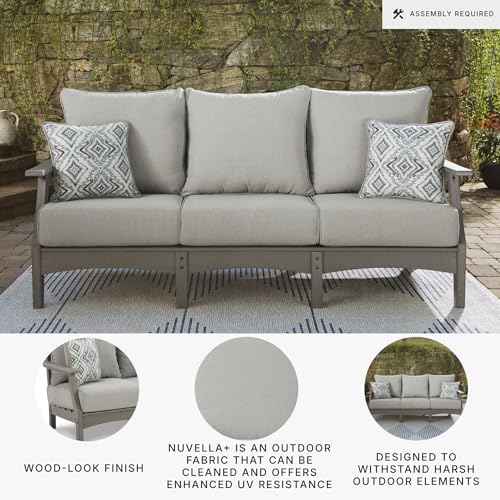 Signature Design by Ashley Visola Outdoor Patio Sofa with All-Weather Cushion and 2 Throw Pillows, Cleanable Performance Fabric, 19.88\" Seat Height, Gray