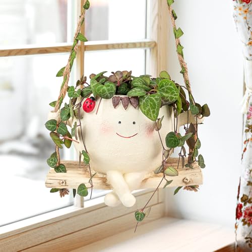 COWATM Swing Face Planter Pot Hanging Resin Flower Head Planters for Indoor Outdoor Plants Succulent Pots