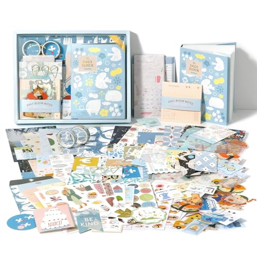 Image of VIBE VISTA Vintage Aesthetic Scrapbook Kit, 346 Pcs, A6 Grid Notebook, Washi, Envelopes, Scrapbook Papers, Folding Labels, Background Papers, Photo Frames, Calendar Stickers, Stickers (Daily Bloom)
