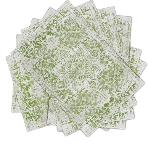 Image of Gray Lime Green Boho Placemats Set of 6 Ethnic Bohemian Carpet Place Mats Washable Kitchen Dining Vintage Grey Geography Floral Linen Table Mats Stain Heat-Resistant for Home Party Indoor 12x18 in