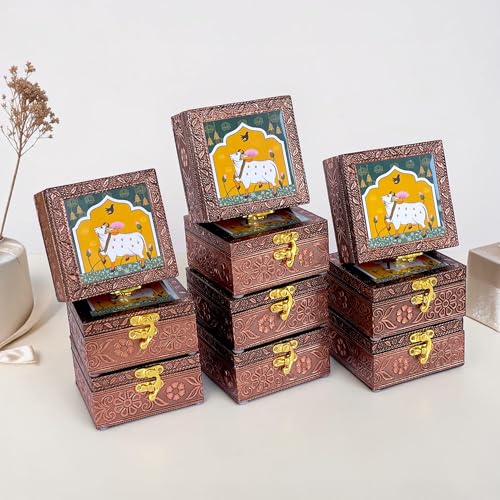 Image of Handcrafted Wooden Jewellery Box Copper Metal Finish (4 x 4 inch) - Pack of 10 | Oxidized Pichwai Cow Design | Decorative Organizer | Storage Box for Women Puja Festive Gifting | Royal Teal